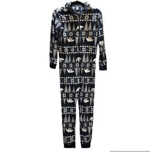 Old Navy Pajamas One Piece Fleece Zip Up Hooded Holiday Blue 14/16